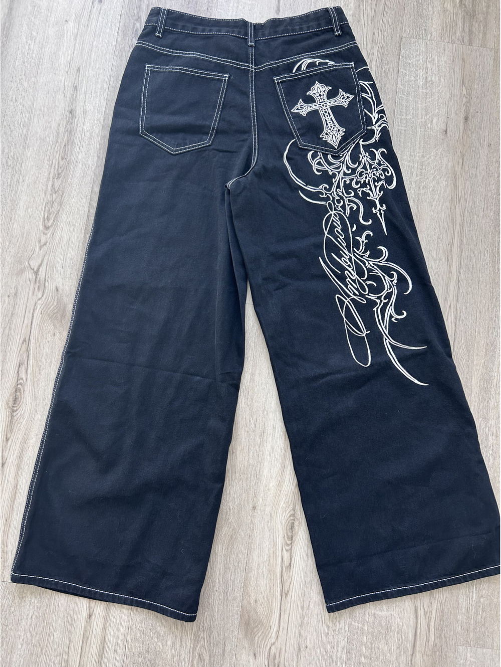 Black Wide-Leg Pants with Embroidered Cross